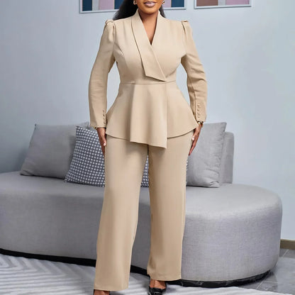 Isla Peplum Blazer Wide Leg Trousers Two-Piece Set | Tailored Fit Solid Suit Set