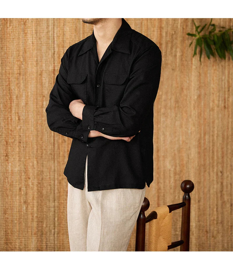 Men’s Linen Shirt – Relaxed Fit – Long Sleeve – Button-Up – Chest Pockets – Casual Wear