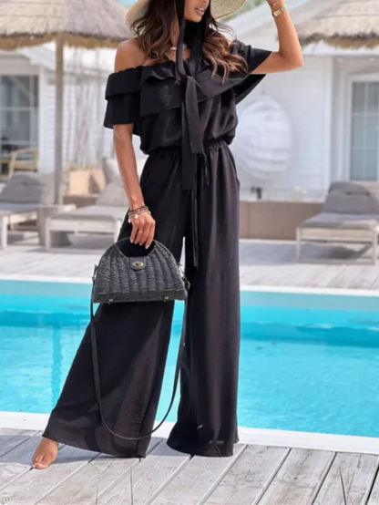 Women’s Jumpsuit – Off Shoulder – Ruffle Neckline – Wide Leg – Breathable Blend