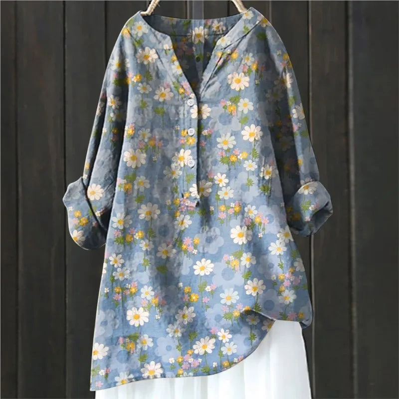 Women's Tunic Blouse - Cotton Blend - Relaxed Flowing Silhouette - Bold Floral Print