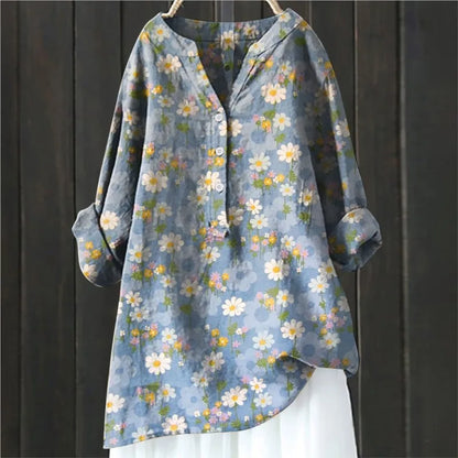 Women's Tunic Blouse - Cotton Blend - Relaxed Flowing Silhouette - Bold Floral Print