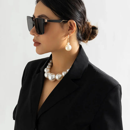 Amelia Graduated Pearl Necklace And Dangle Earrings Set | Statement Collarbone-Length Necklace Ear-Length Earrings Set