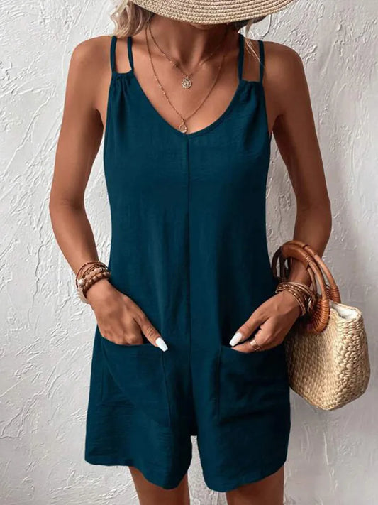 Women’s Romper – Loose Fit – Sleeveless Double Strap – Cotton Blend – With Pockets