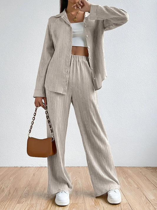 Women’s Suit Set – Relaxed Fit – Button-Down Shirt – Elastic Waist – Straight Pants