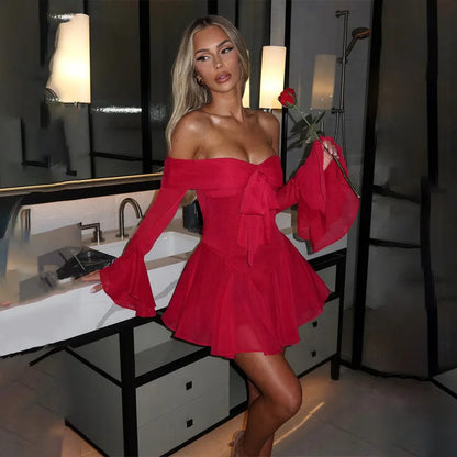 Women's Off-Shoulder Mini Dress - A-Line Silhouette - Long Flared Sleeves - Bow Detail