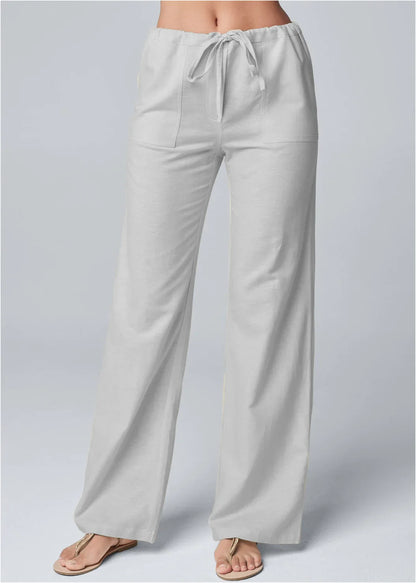 Women’s Wide-Leg Trousers – Cotton Linen Blend – High Waist – Elastic Drawstring Waistband
