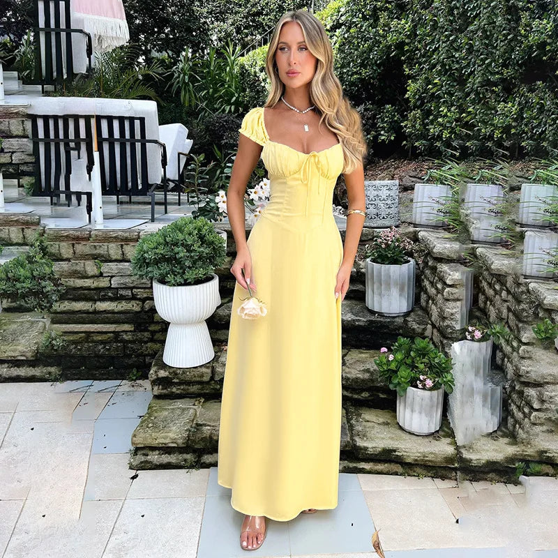 Women's Maxi Dress - Sweetheart Neckline - Puff Sleeve - Elegant Flowing Fit