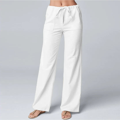 Women’s Wide-Leg Trousers – Cotton Linen Blend – High Waist – Elastic Drawstring Waistband