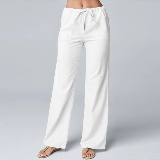 Women’s Wide-Leg Trousers – Cotton Linen Blend – High Waist – Elastic Drawstring Waistband