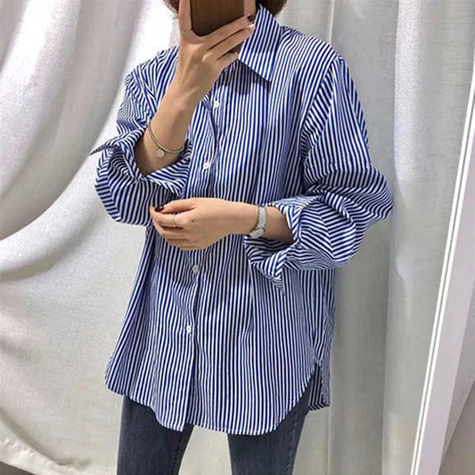 Women’s Blouse – Oversized Fit – Vertical Stripes – Button-Up – Cotton
