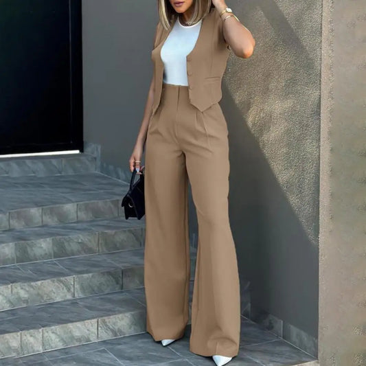 Women’s Vest and Pants Set – Tailored Fit – Cropped Vest – High Waist – Wide Leg Pants