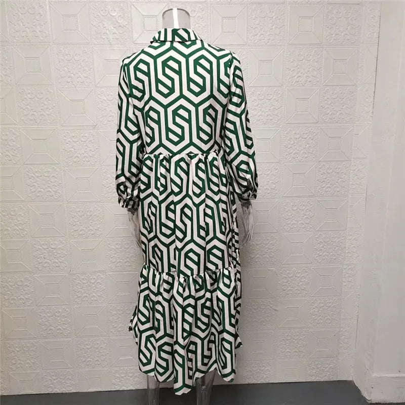 Women’s Midi Dress – Relaxed Fit – Tiered Silhouette – Geometric Print – Cotton Feel