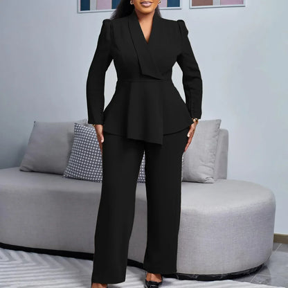 Isla Peplum Blazer Wide Leg Trousers Two-Piece Set | Tailored Fit Solid Suit Set