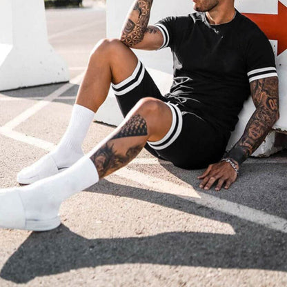 Men’s Athletic Set – Slim Fit – Breathable Stretch Fabric – Short Sleeve & Drawstring Shorts