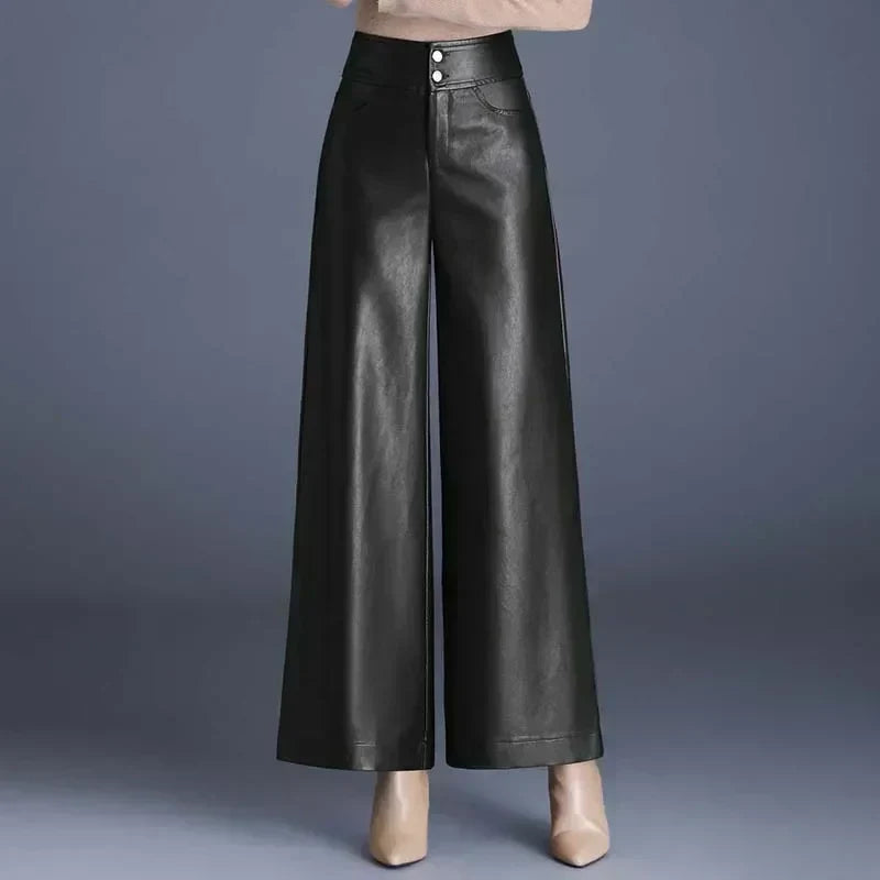 Women’s Trousers – High Waist – Wide Leg – Full Length – Relaxed Fit – Glossy Finish