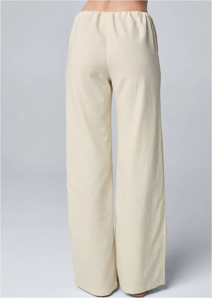 Women’s Wide-Leg Trousers – Cotton Linen Blend – High Waist – Elastic Drawstring Waistband