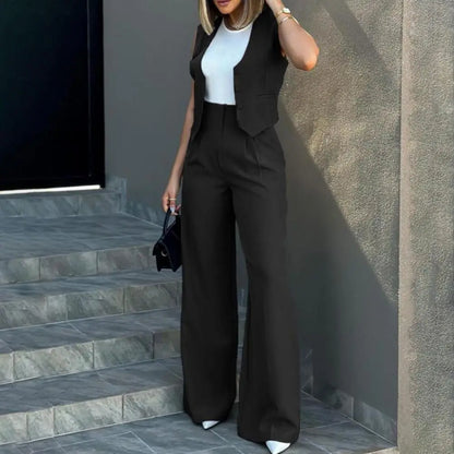 Women’s Vest and Pants Set – Tailored Fit – Cropped Vest – High Waist – Wide Leg Pants