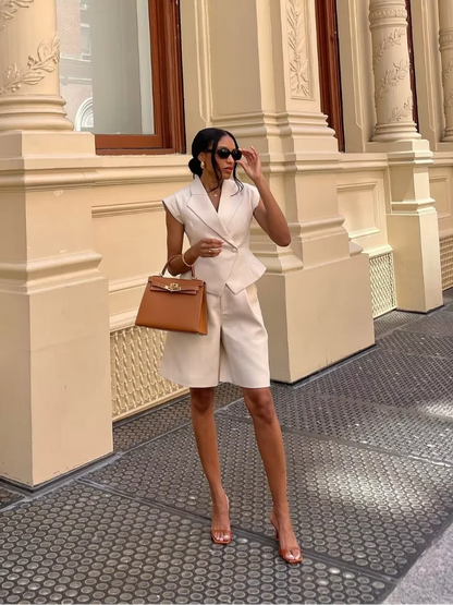 Women’s Suit Set – Tailored V-Neck Top – High Waist – Wide Leg Pleated Pants – Silk Blend