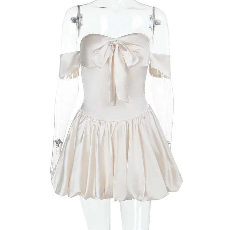 Women's Off-Shoulder Mini Dress - Sweetheart Neckline - Ruched Bodice - Flared Ruffled Hem