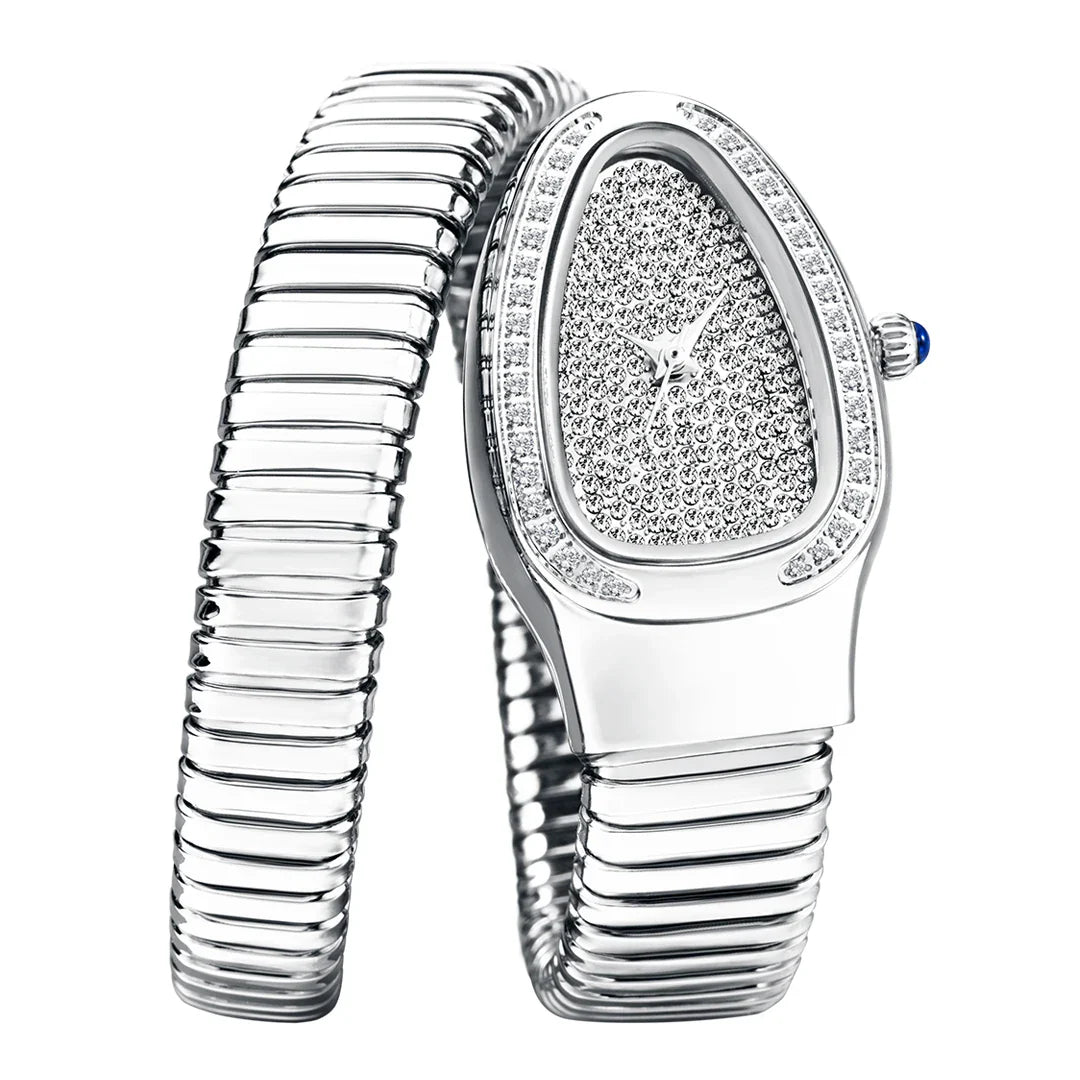Lily Oval Pave Bracelet Wrist Watch | Stone Embellished Bezel Snake Coil Band Wrist Watch