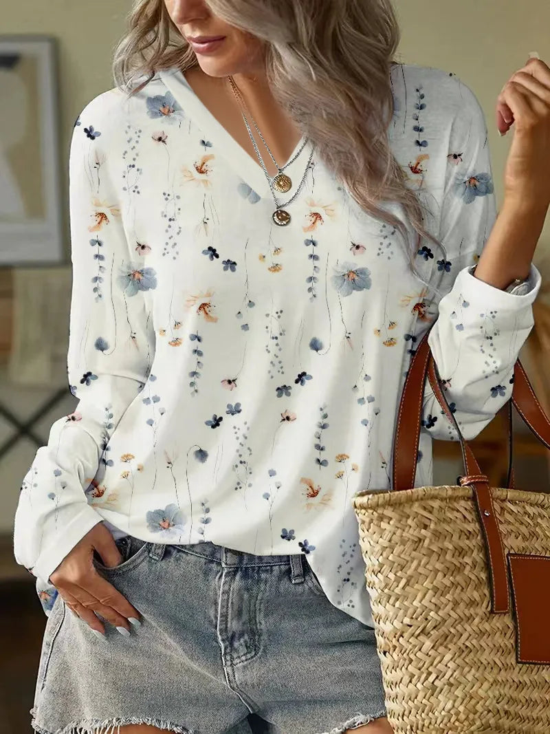 Women’s Blouse – Relaxed Fit – V-Neck – Long Sleeve – Floral Print – Breathable Blend