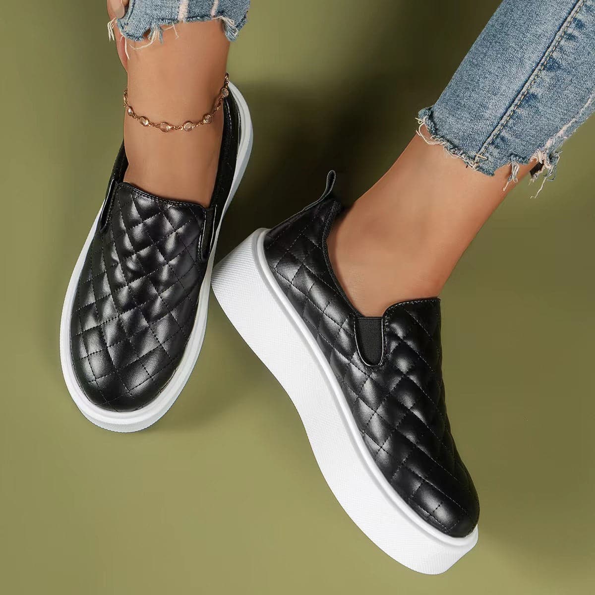 Women’s Slip-On Sneakers – Quilted Upper – Elastic Sides – Platform Sole Comfort