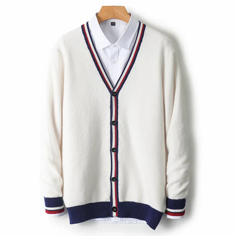 Men’s Cardigan – Knit Wool Blend – Relaxed Fit – V-Neck – Button-Up – Tri-Colour Trim