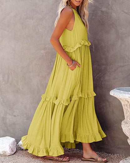 Women's Maxi Dress - Halter Neck - Sleeveless Flowy Fit - Ruffle Detail Elegant Casual Wear