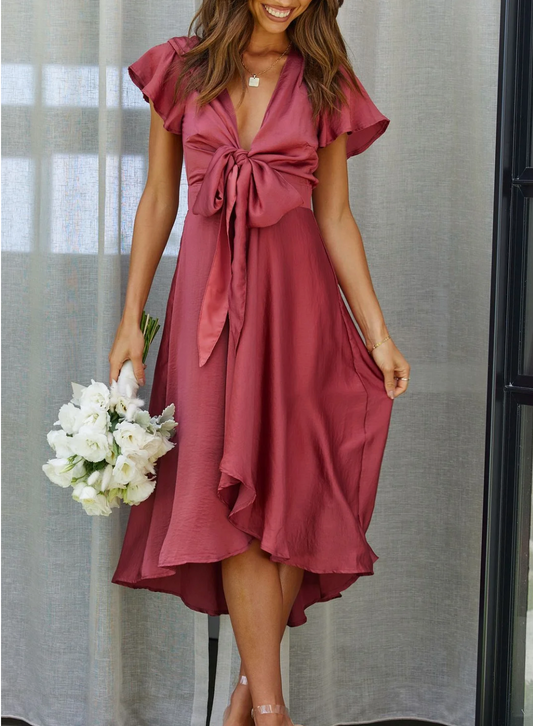 Women's Midi Dress - Flowy High-Low Hem - Plunging V-Neck Bow Front - Flutter Sleeve Elegant Fit