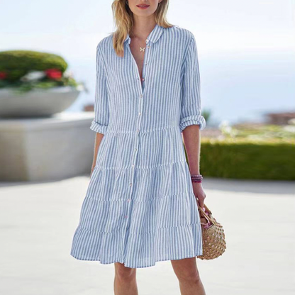 Women's Dress - Button Front - Long Sleeve - Tiered Knee-Length Flowy Fit