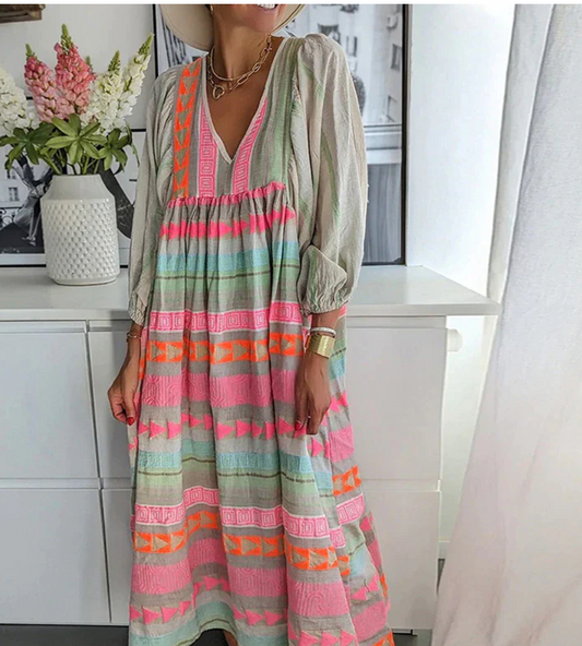 Women’s Maxi Dress – Relaxed Fit – V-Neck – Long Sleeve – Bohemian Pattern – Natural Fibers