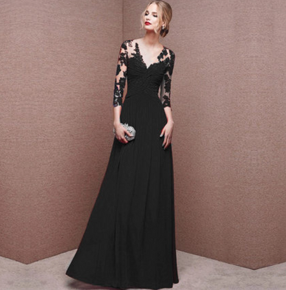 Women’s Maxi Dress – Lace Bodice – Long Sleeves – Ruched Waist – Flowing Skirt