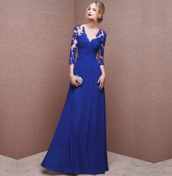 Women’s Maxi Dress – Lace Bodice – Long Sleeves – Ruched Waist – Flowing Skirt
