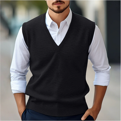 Men’s Sleeveless V-Neck Sweater – Fine Knit – Classic Fit – Ribbed Trim – Versatile Layer