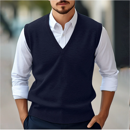Men’s Sleeveless V-Neck Sweater – Fine Knit – Classic Fit – Ribbed Trim – Versatile Layer
