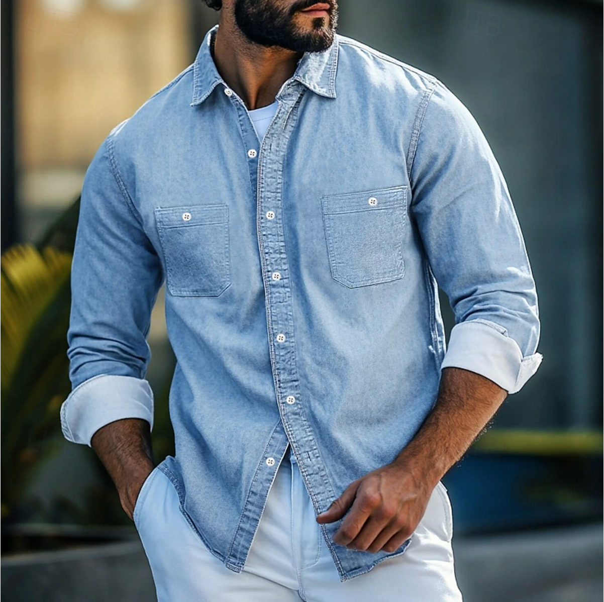 Men’s Denim Shirt – Regular Fit – Long Sleeve – Button-Up – Chest Pockets
