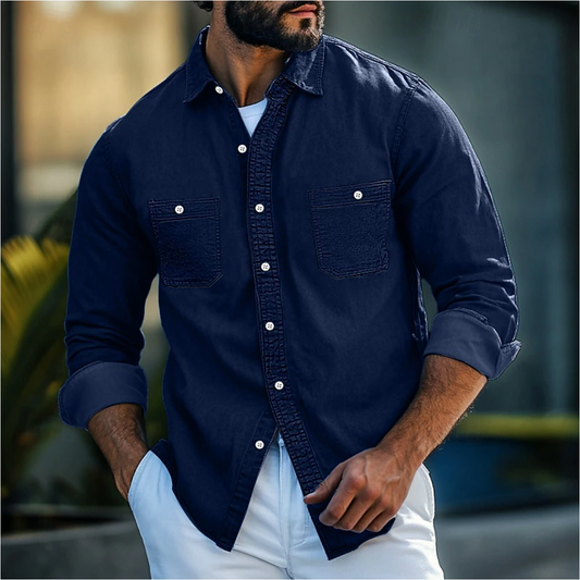 Men’s Denim Shirt – Regular Fit – Long Sleeve – Button-Up – Chest Pockets