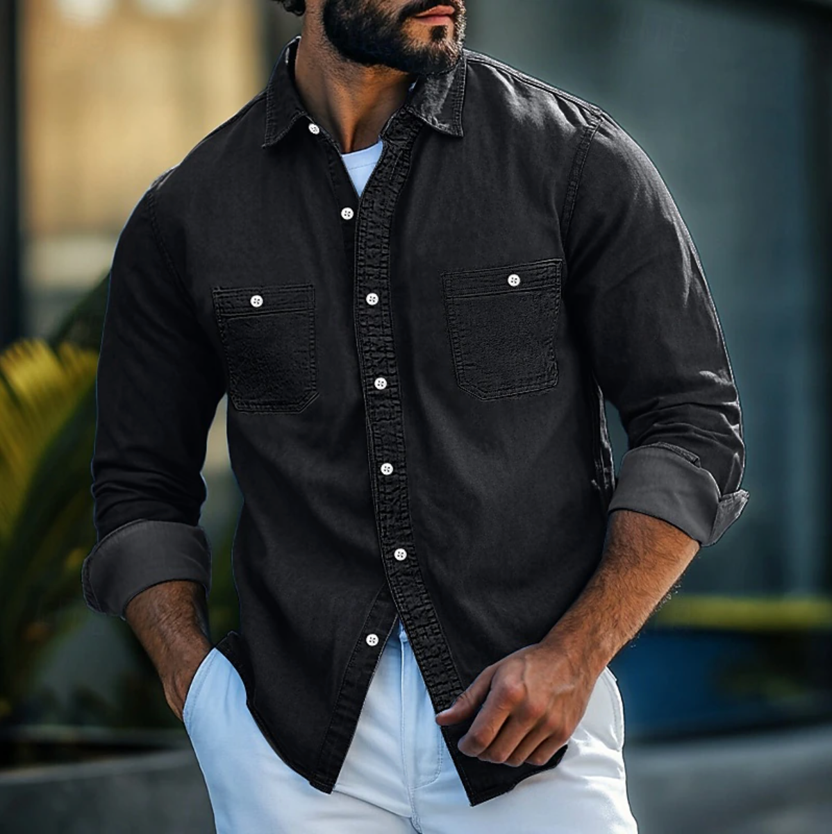 Men’s Denim Shirt – Regular Fit – Long Sleeve – Button-Up – Chest Pockets