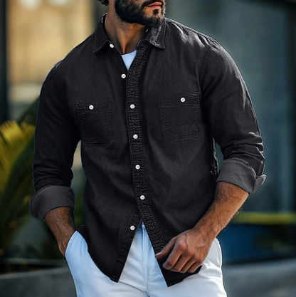 Men’s Denim Shirt – Regular Fit – Long Sleeve – Button-Up – Chest Pockets