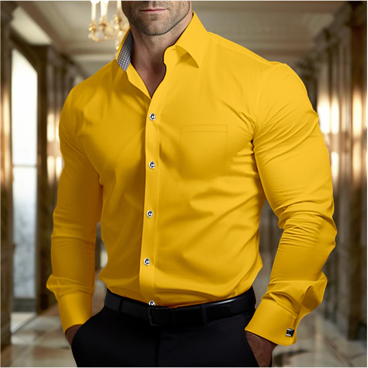 Men’s Dress Shirt – Slim Fit – Cotton – Long Sleeve – Button Front – Spread Collar