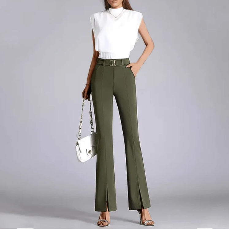 Women’s Trousers – High Waist – Tailored Fit – Wide Leg – Belted with Front Crease