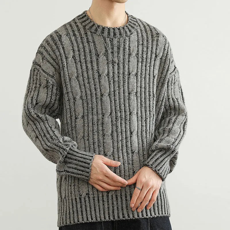 Leo Relaxed Fit Pullover Sweater | Cable Knit Striped Hip-Length Pullover Sweater