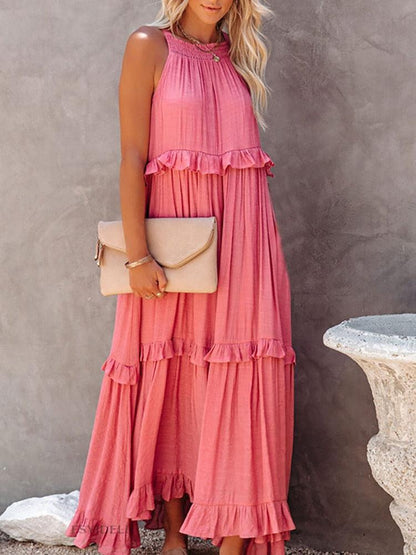 Women's Maxi Dress - Halter Neck - Sleeveless Flowy Fit - Ruffle Detail Elegant Casual Wear