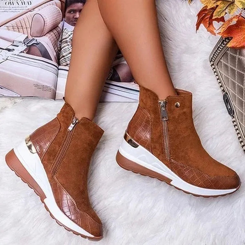 Women’s Ankle Boots – Wedge Heel – Orthopedic Support – Suede – Side Zipper