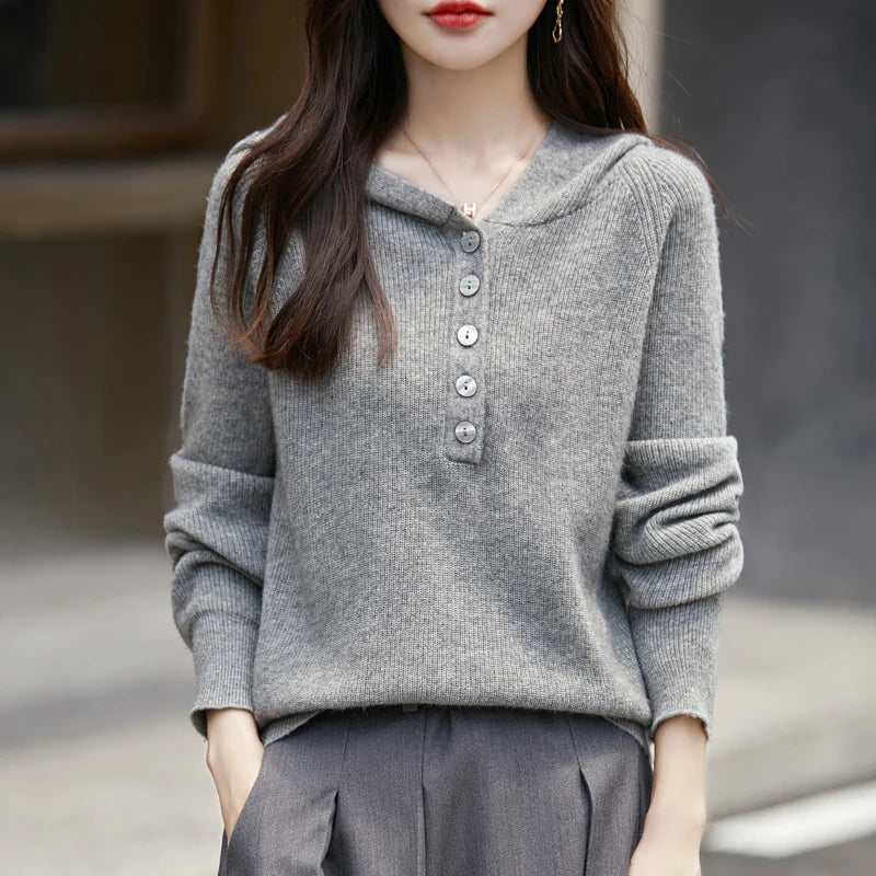 Sienna Buttoned Hooded Sweater | Relaxed Fit Ribbed Cuffs Sweater