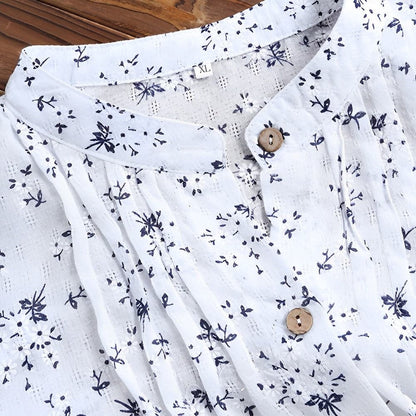 Women’s Blouse – Relaxed Fit – V-Neck – Button Front – Rolled Sleeves – Floral Print