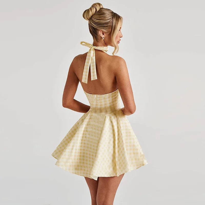 Women's Halter Mini Dress - Plunging Neckline - Fitted Waist - Flared Skirt Elegant Wear