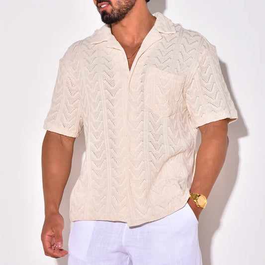 Men’s Knit Shirt – Soft Jacquard Texture – Relaxed Fit – Short Sleeve Casual Collar