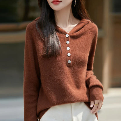 Sienna Buttoned Hooded Sweater | Relaxed Fit Ribbed Cuffs Sweater