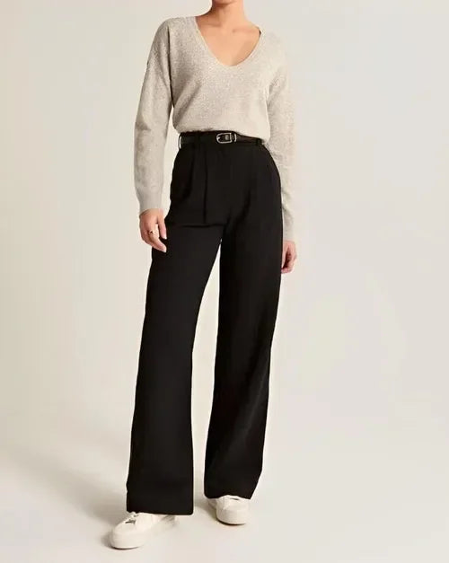 Women’s Wide-Leg Trousers – High Waist – Wool Blend – Pleated Front – Full Length
